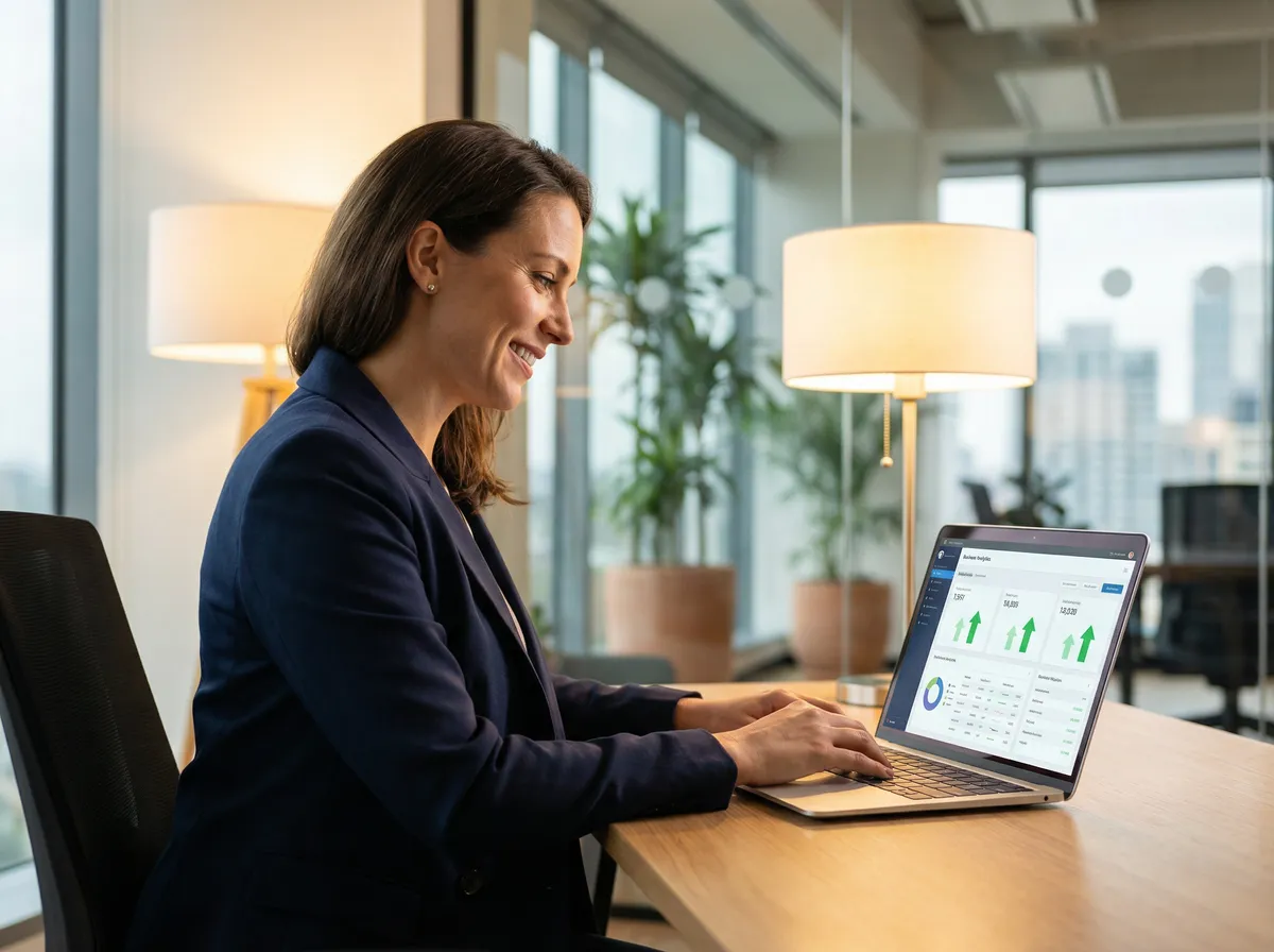 Unternehmerin analysiert Website-Performance am Laptop